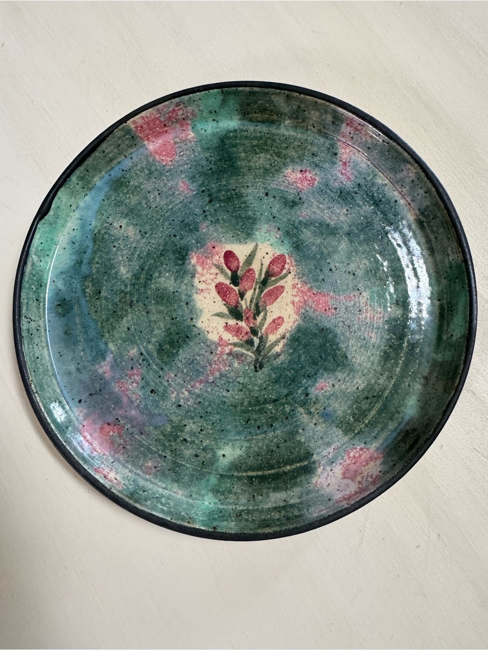 Malsnee studio created plate, hand thrown glazed floral 2003